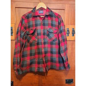 Vintage Pendleton Plaid 100% Virgin Wool Shirt Red, Gray, & Black Size Medium
